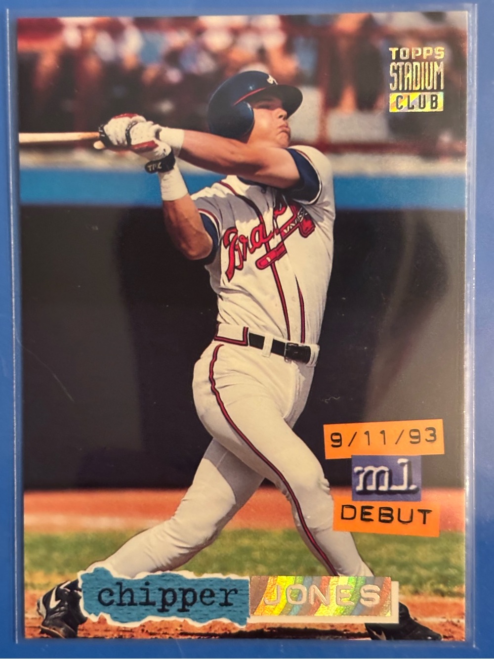Topps Stadium Club Chipper Jones
93 MLB Debut Baseball Card 
Golden Rainbow Foil